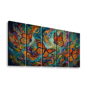 A five-panel canvas wall art set depicting four orange monarch butterflies over a vividly painted, swirling background of teal, blue, yellow, orange, and purple colors, shown against a plain white background.