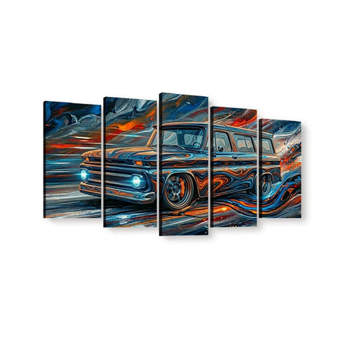 A five-panel canvas wall art set depicting a stylized vintage 1966 Chevy Suburban Carryall  pickup truck in swirling blue, orange, and black brushstrokes, shown against a plain white background.