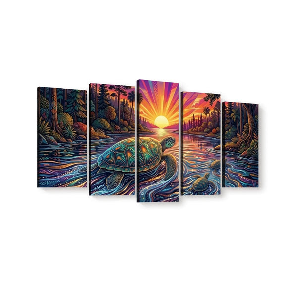 A 5-panel canvas wall art set depicting a colorful sunset over a river with a sea turtle in the foreground, shown against a plain white background.