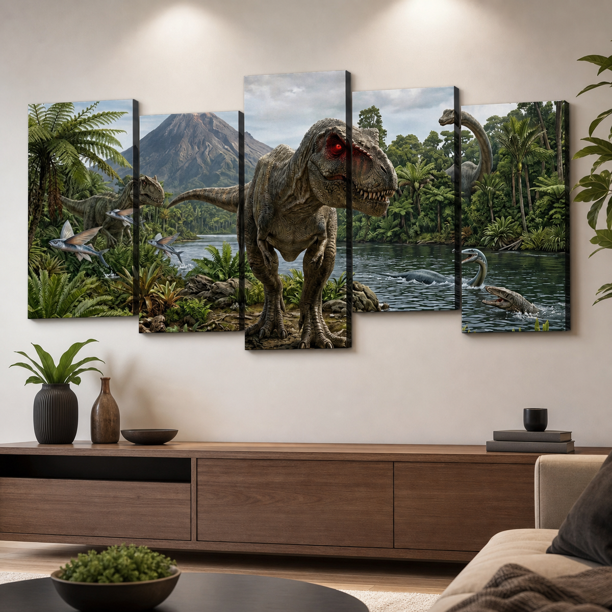 T-Rex & Carnivores Canvas Wall Art – Prehistoric Fury Dinosaur Print | 1, 3 & 5 Panel Kids & Game Room
