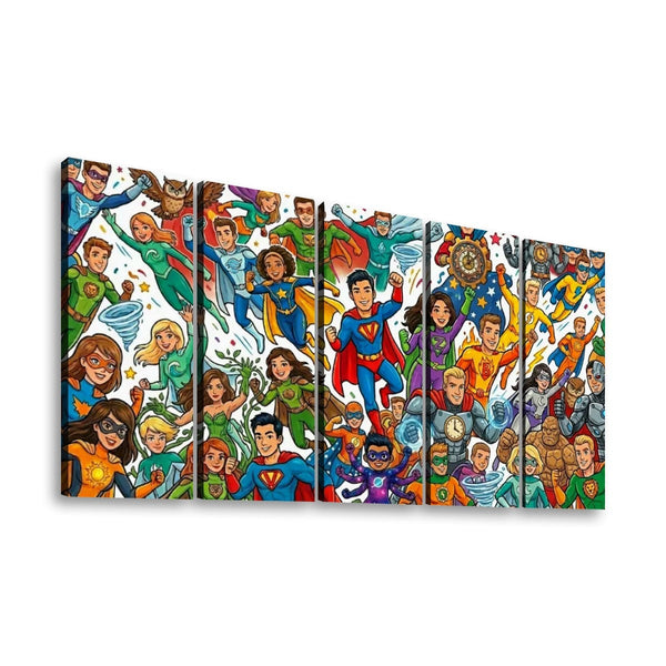 Kids Superhero Canvas Wall Art – Bold Action Print for Boys & Girls | 1, 3 & 5 Panel Bedroom Décor