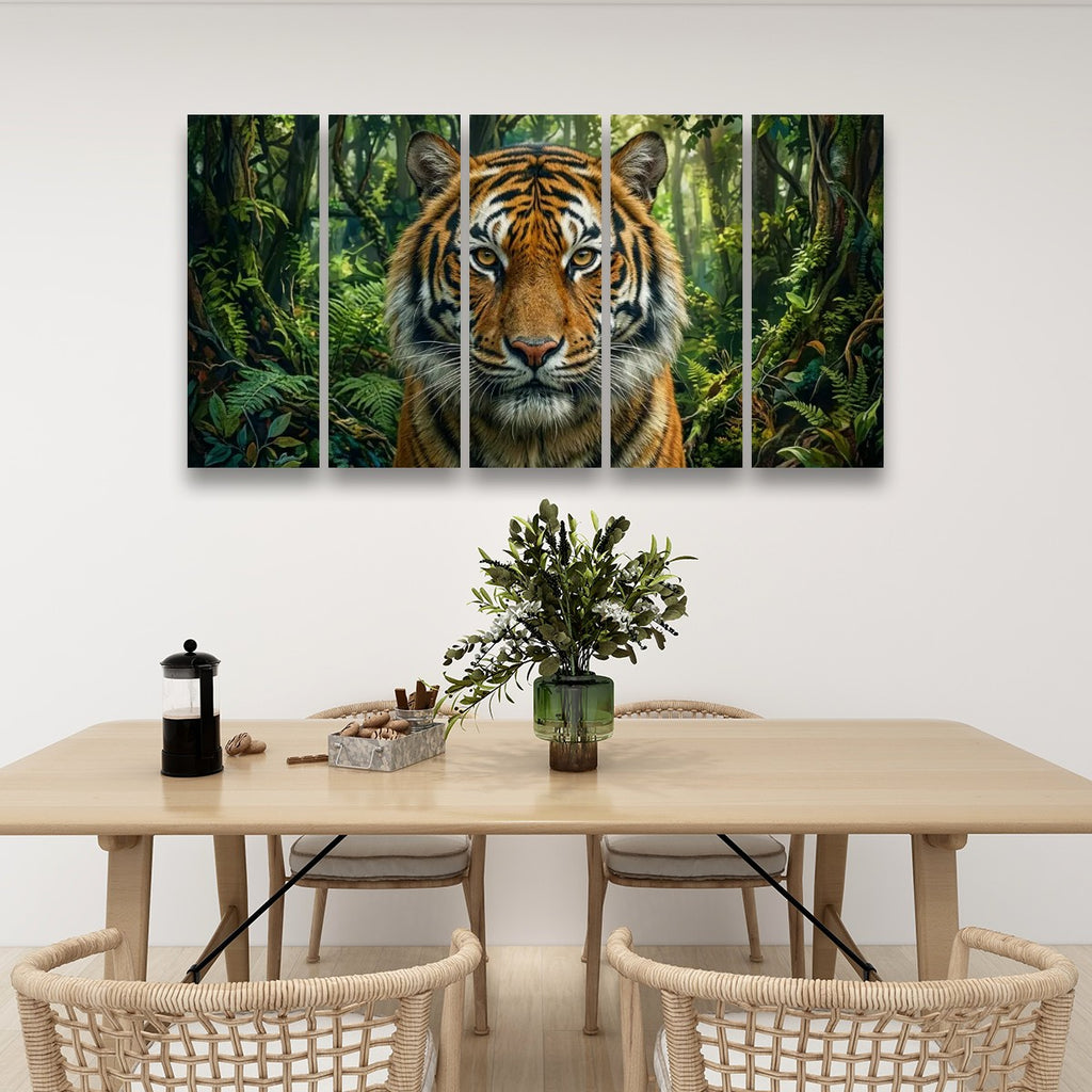 A five-panel canvas wall art set depicting a close-up tiger in a lush green forest, displayed on a white wall above a light wood dining table with chairs and decorative items.