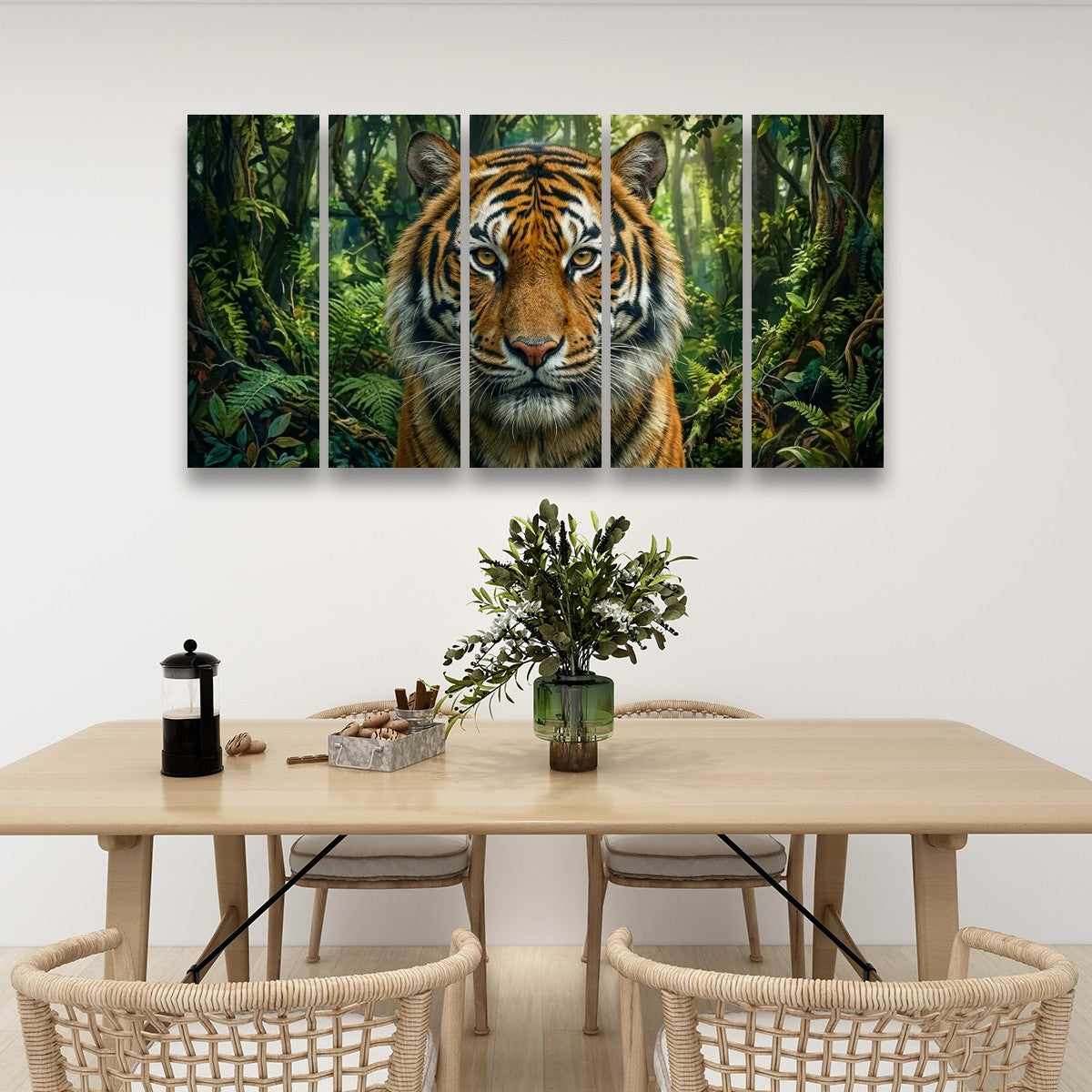 A five-panel canvas wall art set depicting a close-up tiger in a lush green forest, displayed on a white wall above a light wood dining table with chairs and decorative items.