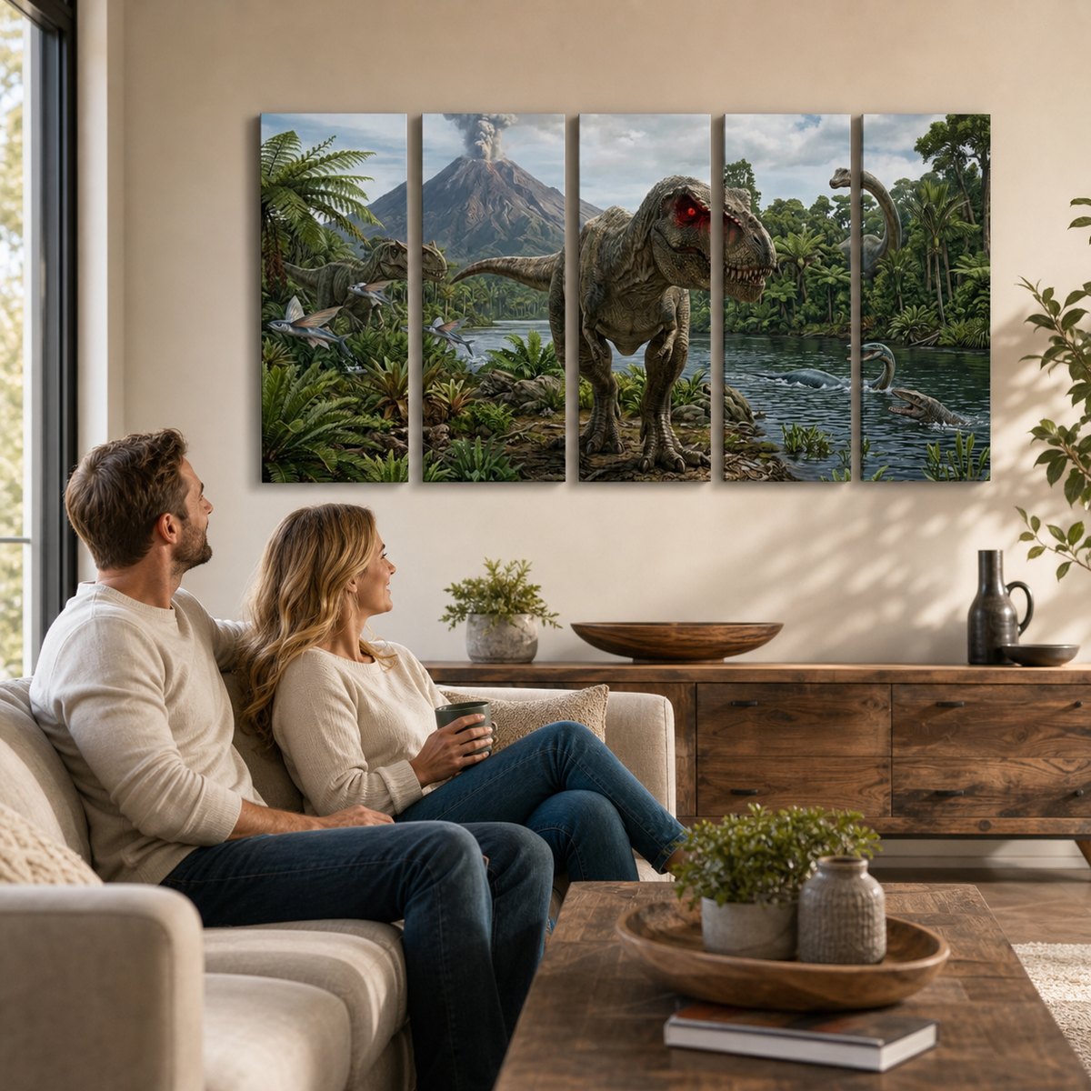 T-Rex & Carnivores Canvas Wall Art – Prehistoric Fury Dinosaur Print | 1, 3 & 5 Panel Kids & Game Room