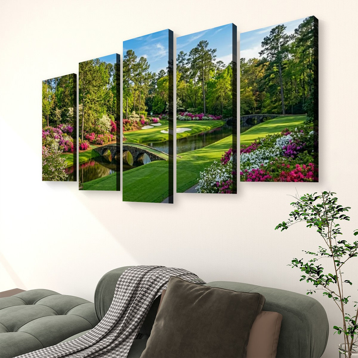 Georgia Golf Course Canvas Wall Art — Flowers, Water & Bridge Multi-Panel Print
