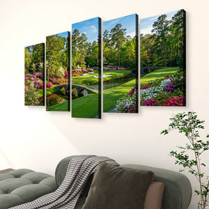 Georgia Golf Course Canvas Wall Art — Flowers, Water & Bridge Multi-Panel Print