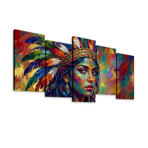 A five-panel canvas wall art set depicting a colorful portrait of a woman wearing a feathered headdress, shown against a plain white background.