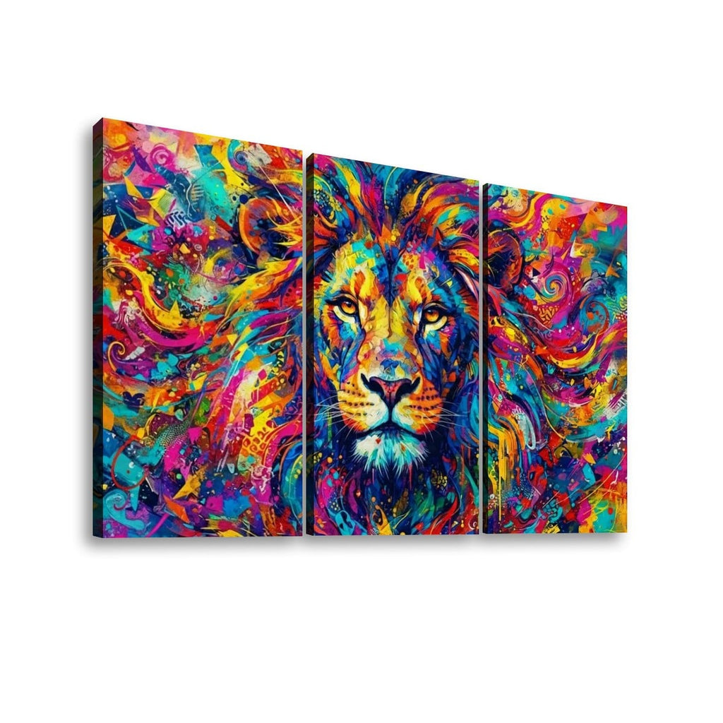 A three-panel canvas wall art set depicting a colorful, abstract lion portrait with vivid swirling brushstrokes in blue, yellow, pink, orange, purple, and green on a white background.