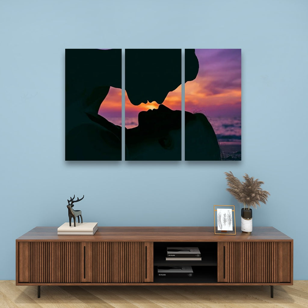 Loving Couple Kissing at Sunset on Gulf Ocean Beach — Multi-Panel Canvas Wall Art