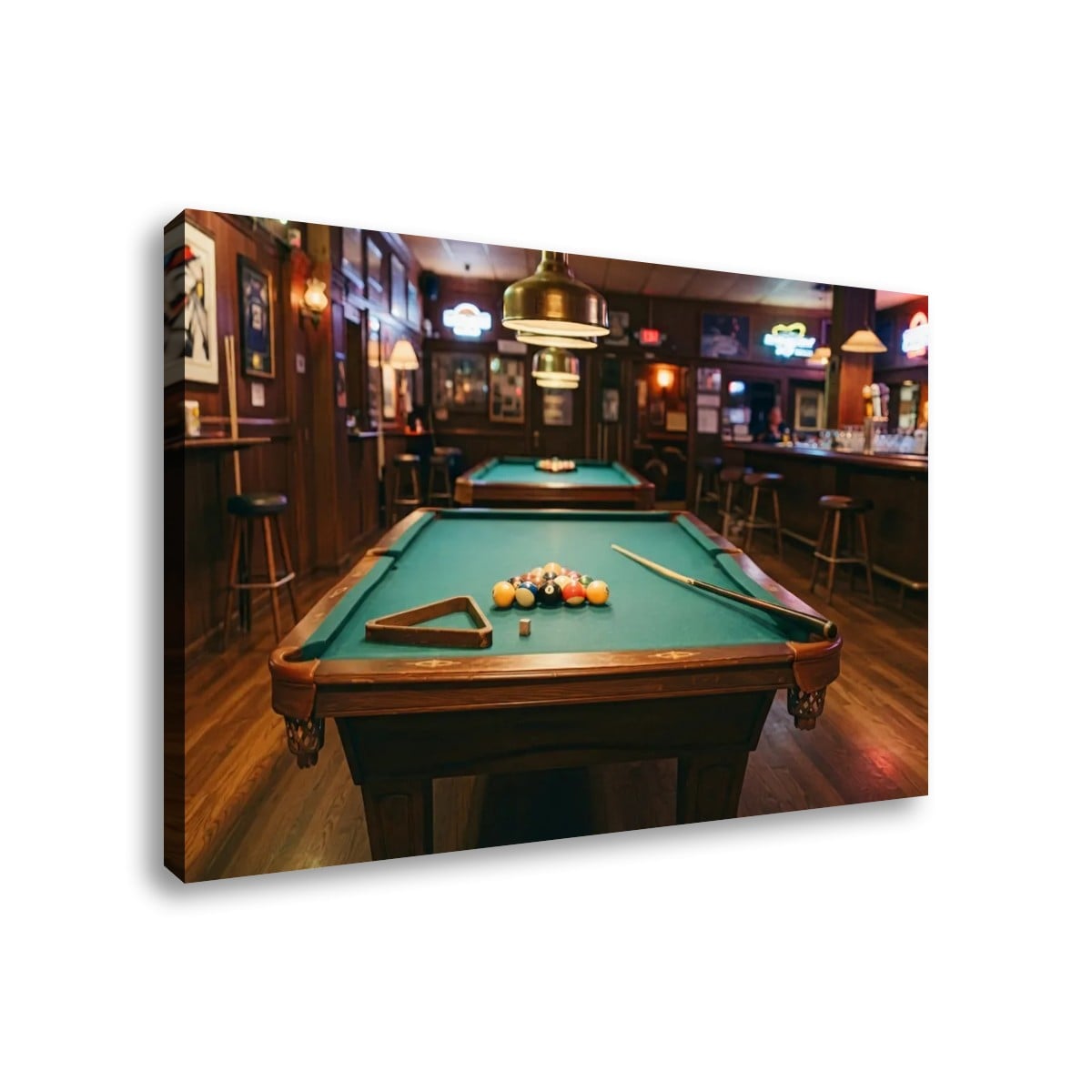 A rectangular wall art print showing a dimly lit bar interior with a green pool table in the foreground, photographed against a plain white background.