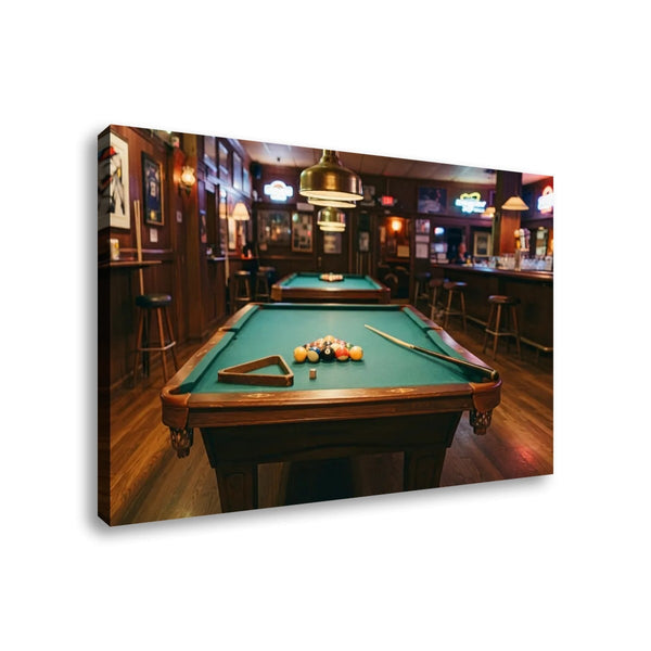 A rectangular wall art print showing a dimly lit bar interior with a green pool table in the foreground, photographed against a plain white background.