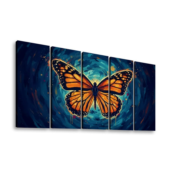 A five-panel canvas wall art set depicting a large orange and black butterfly centered against a swirling dark blue and teal abstract background.
