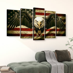 A five-panel canvas wall art set showing a bald eagle with spread wings over a distressed American flag, displayed above a green sofa in a living room setting.