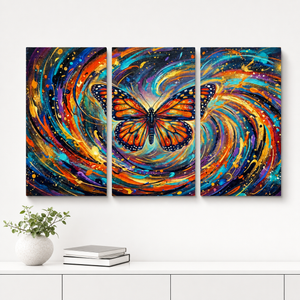 Monarch Butterfly Cosmic Vortex Canvas Wall Art | 1, 3 & 5-Panel Print | Colorful Abstract Butterfly Décor | Gallery-Wrapped