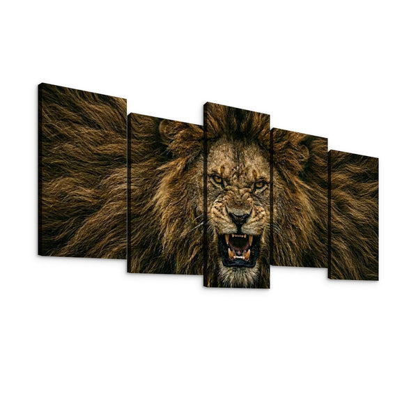 A five-panel canvas wall art set depicting a roaring lion's face and mane, shown against a plain white background.