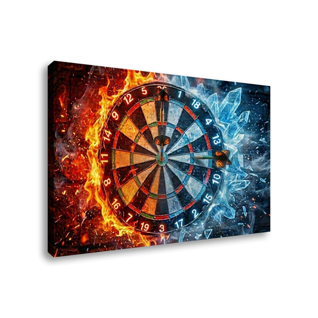 A rectangular wall art canvas showing a dartboard split visually by fire on the left and ice on the right, with three darts embedded in the board. The canvas is photographed at an angle against a plain white background.