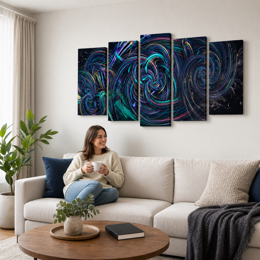 A woman sits on a cream sofa in a bright living room, holding a white mug. Above her is a five-panel canvas wall art set featuring an abstract swirling cosmic design in deep blue, teal, purple, and black.