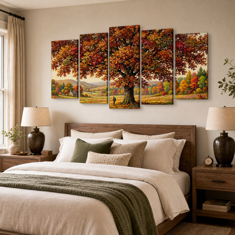A five-panel canvas wall art set depicting a large autumn tree with colorful fall foliage, displayed above a bed in a styled bedroom setting.