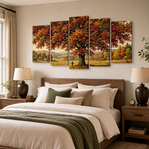 A five-panel canvas wall art set depicting a large autumn tree with colorful fall foliage, displayed above a bed in a styled bedroom setting.