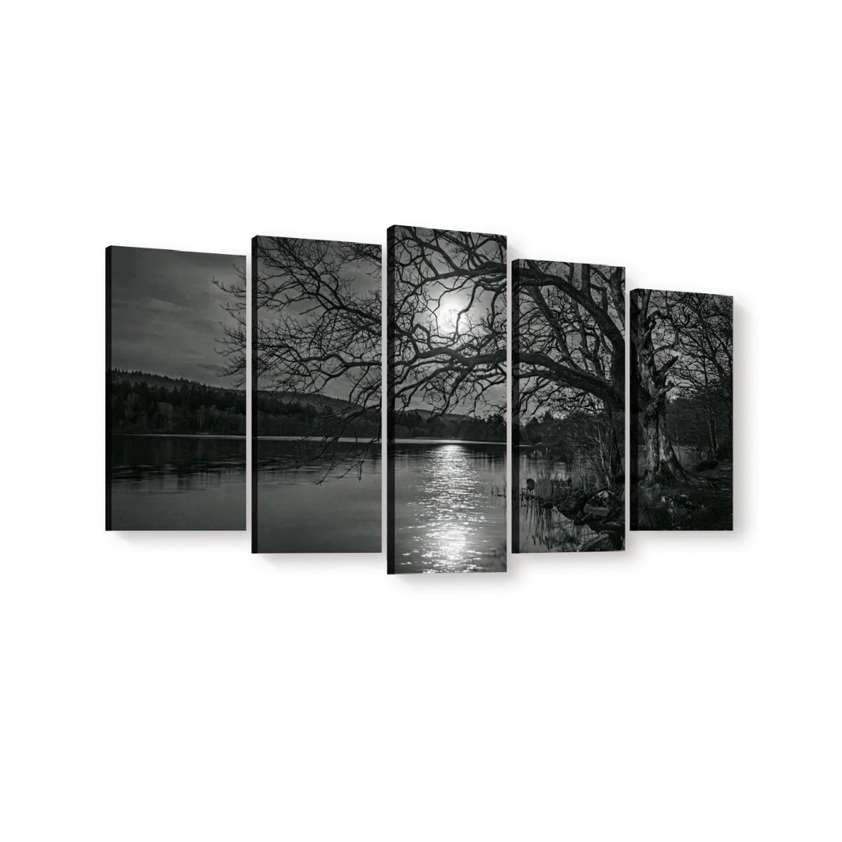 A five-panel canvas wall art set depicting a black and white landscape scene with bare tree branches over a reflective lake at night under a bright moon.