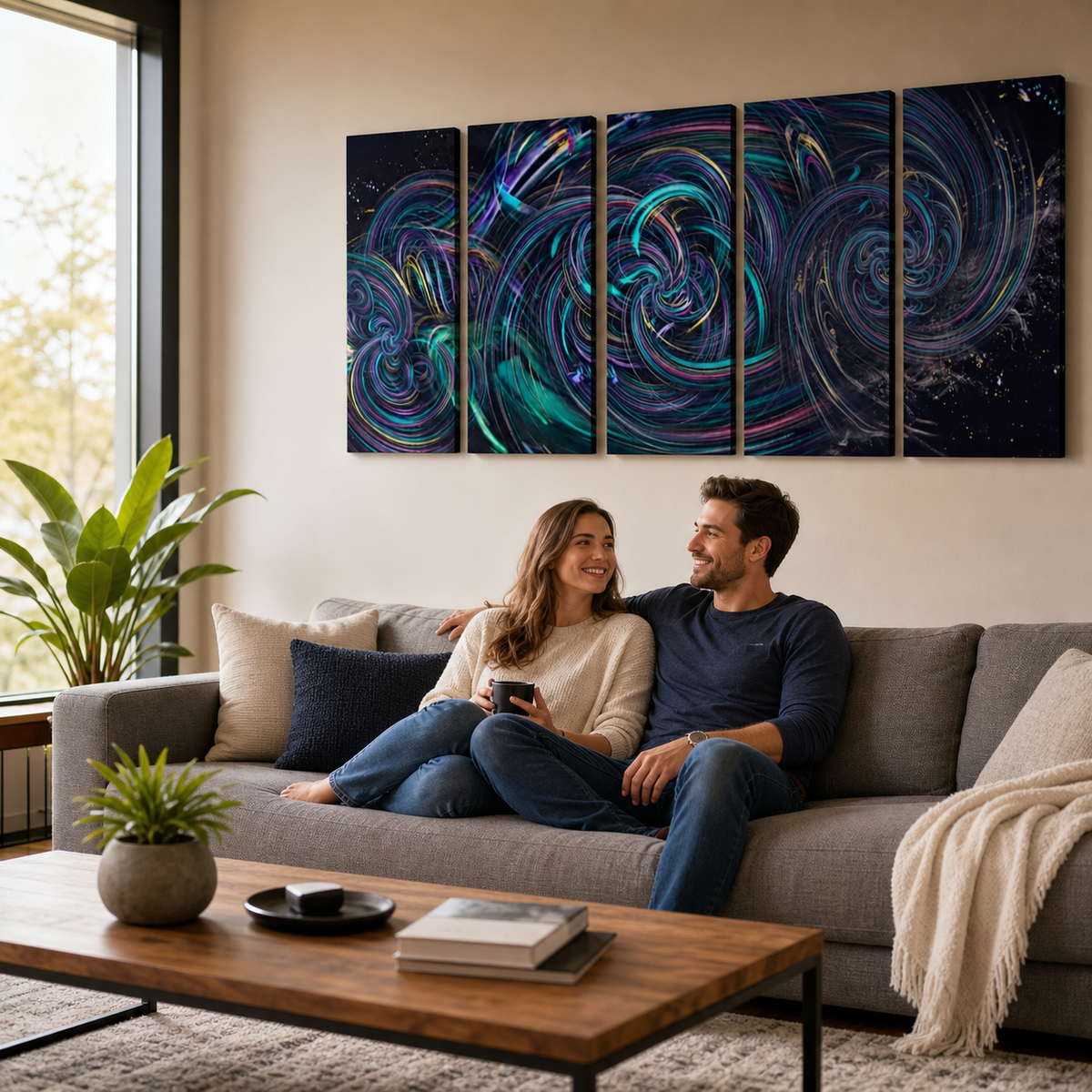 A couple sits on a gray sofa in a modern living room, looking at a large four-panel canvas wall art set featuring an abstract swirling cosmic design in deep blue, teal, and purple tones.