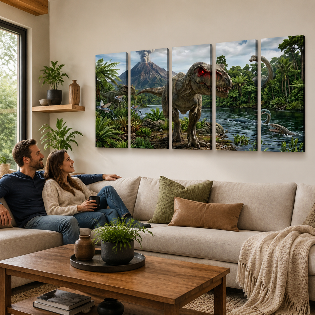 T-Rex & Carnivores Canvas Wall Art – Prehistoric Fury Dinosaur Print | 1, 3 & 5 Panel Kids & Game Room