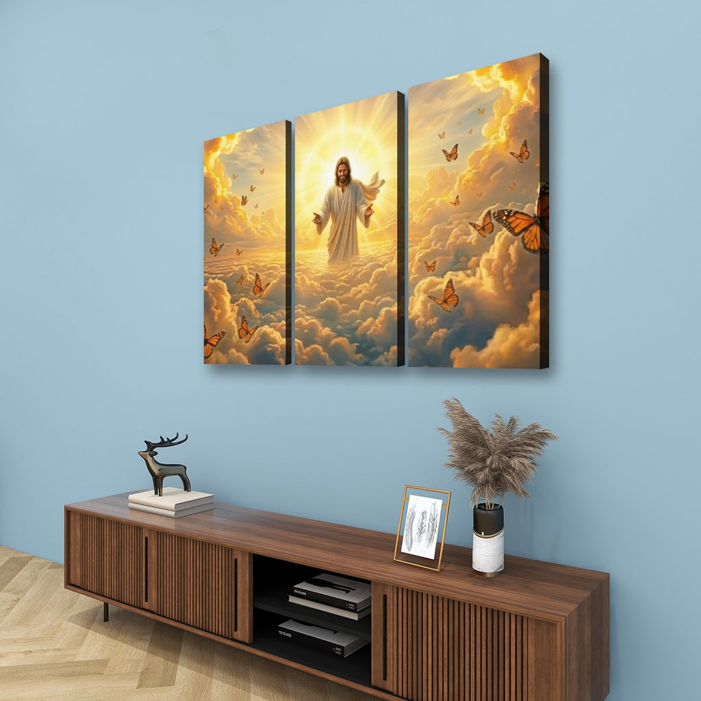 God Releasing Butterflies Canvas Wall Art – Divine Grace at Sunrise | 1, 3 & 5 Panel Faith Print