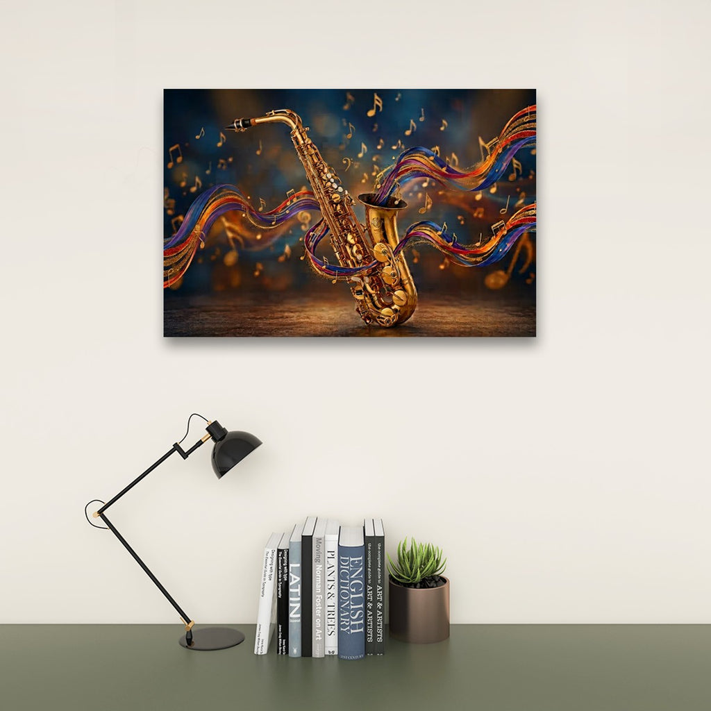 A rectangular wall art print showing a golden saxophone with colorful flowing musical notes, displayed above a desk with a black lamp, books, and a small succulent against a light wall.