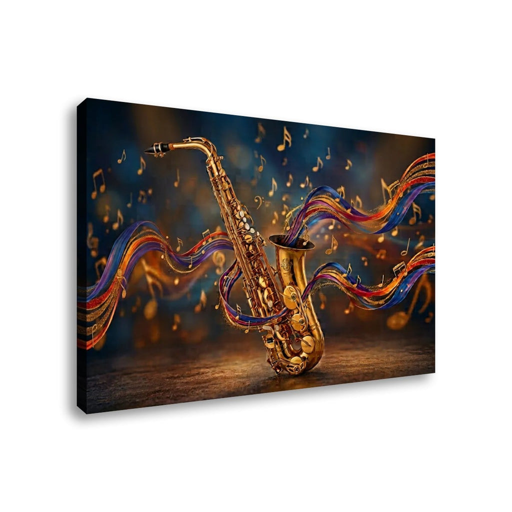A rectangular wall art canvas showing a golden saxophone with colorful flowing musical note ribbons against a dark blue and brown background, photographed on a light gray studio backdrop.