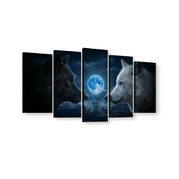 Blue Moon Wolves Canvas Wall Art – Wolf Pack Howling at the Moon | 1, 3 & 5 Panel Wildlife Print