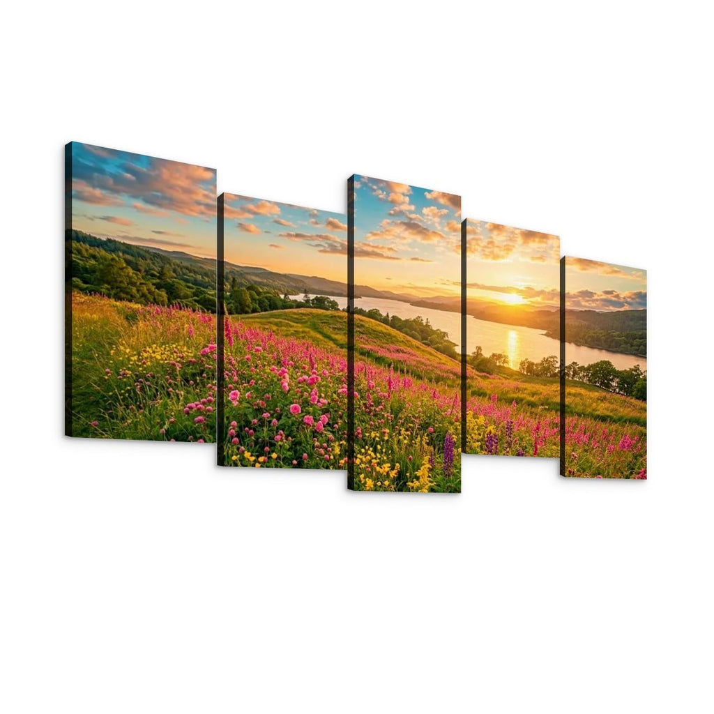 A five-panel split canvas wall art set depicting a scenic landscape with pink wildflowers, green hills, a lake, and a sunset sky over mountains.