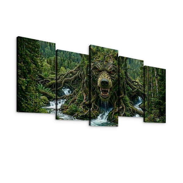 A five-panel canvas wall art set depicting a giant wolf rising from a forest stream, with mossy roots forming its body and a lush green woodland background.