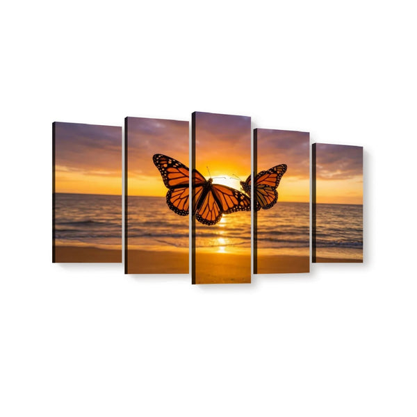 Five-panel canvas wall art showing a monarch butterfly over an ocean sunset, displayed against a plain white background.