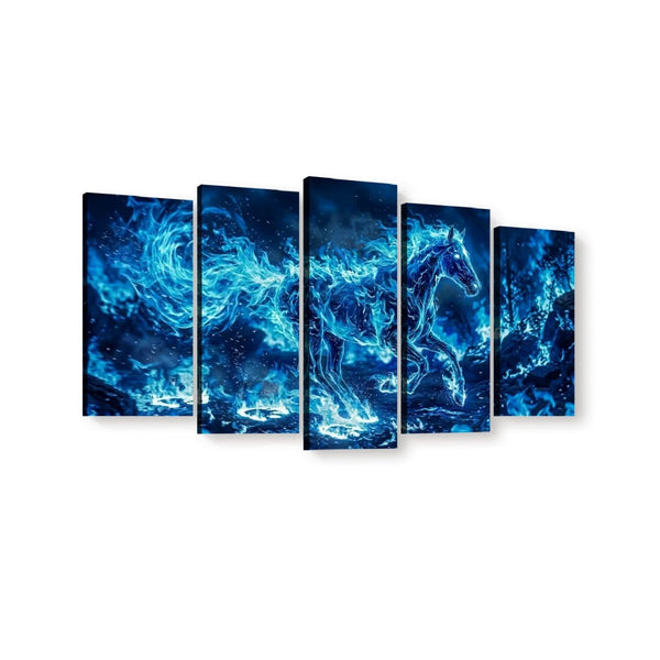 A five-panel canvas wall art set depicting a glowing blue horse against a dark cosmic background, shown on a plain white wall.