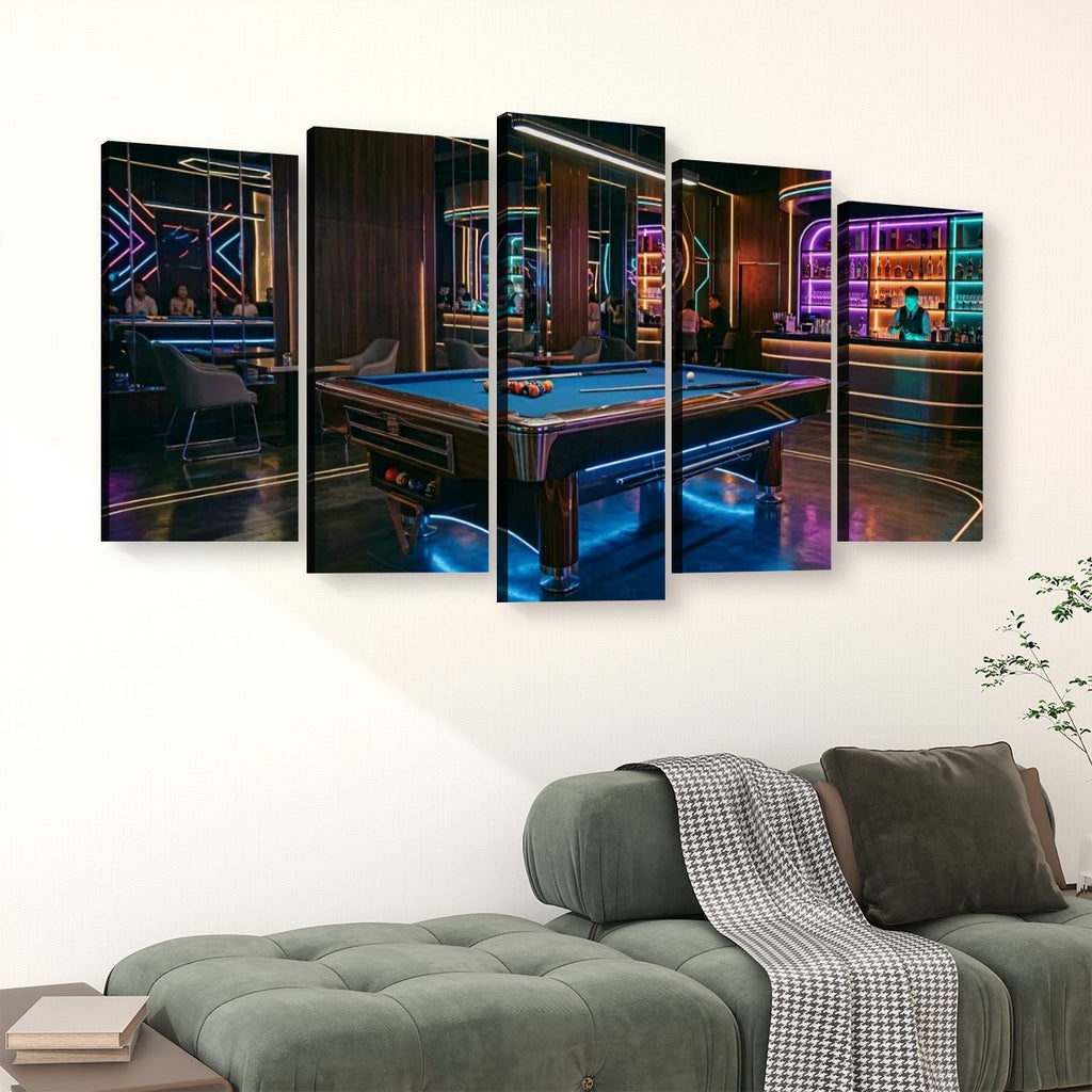 Billiards Pool Lounge Neon Lights Bar — 1, 3, 5-Panel Level Canvas Wall Art