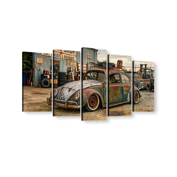 A multi-panel canvas wall art print depicting a vintage rusted blue and orange Volkswagen Beetle in a rusty auto repair shop, shown against a plain white background.