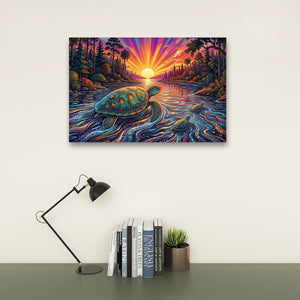 A colorful wall art print depicting a sea turtle in a river at sunset, displayed on a wall above a desk with a black lamp, books, and a small potted succulent.
