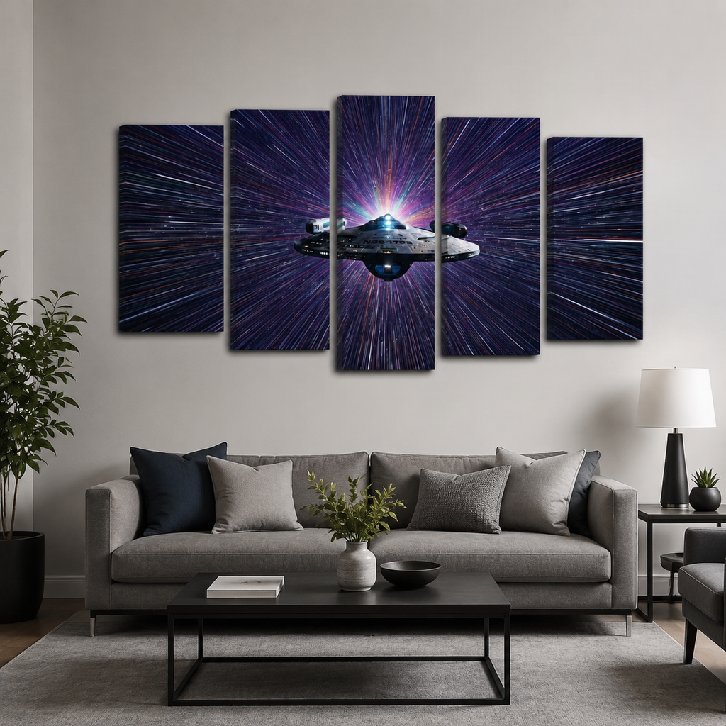 A 5-panel canvas wall art set depicting a spaceship against a vibrant purple and blue starburst background, displayed in a modern living room setting above a gray sofa.