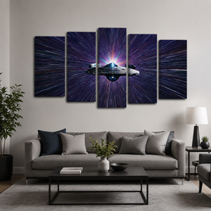 A 5-panel canvas wall art set depicting a spaceship against a vibrant purple and blue starburst background, displayed in a modern living room setting above a gray sofa.