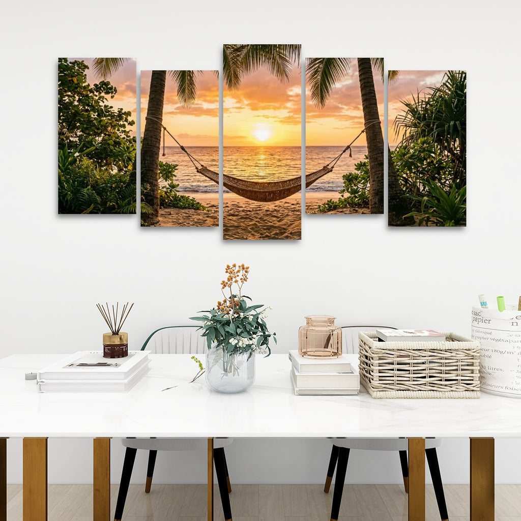 Hammock & Palm Trees Sunset Canvas Wall Art – Drift Into Sunset | 5-Panel Level Coastal Beach Print