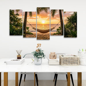 Drift Into Sunset – Hammock & Palm Trees 5-Panel Canvas Wall Art