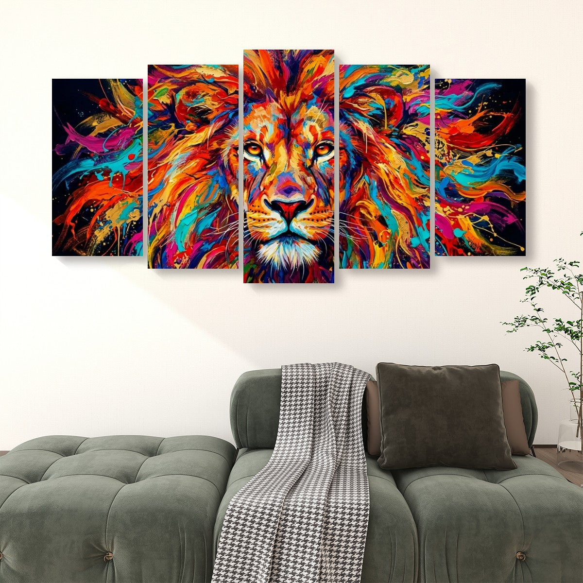 Abstract Colorful Lion Head Mane 1, 3, 5 Split Canvas Panel Wall Art Print