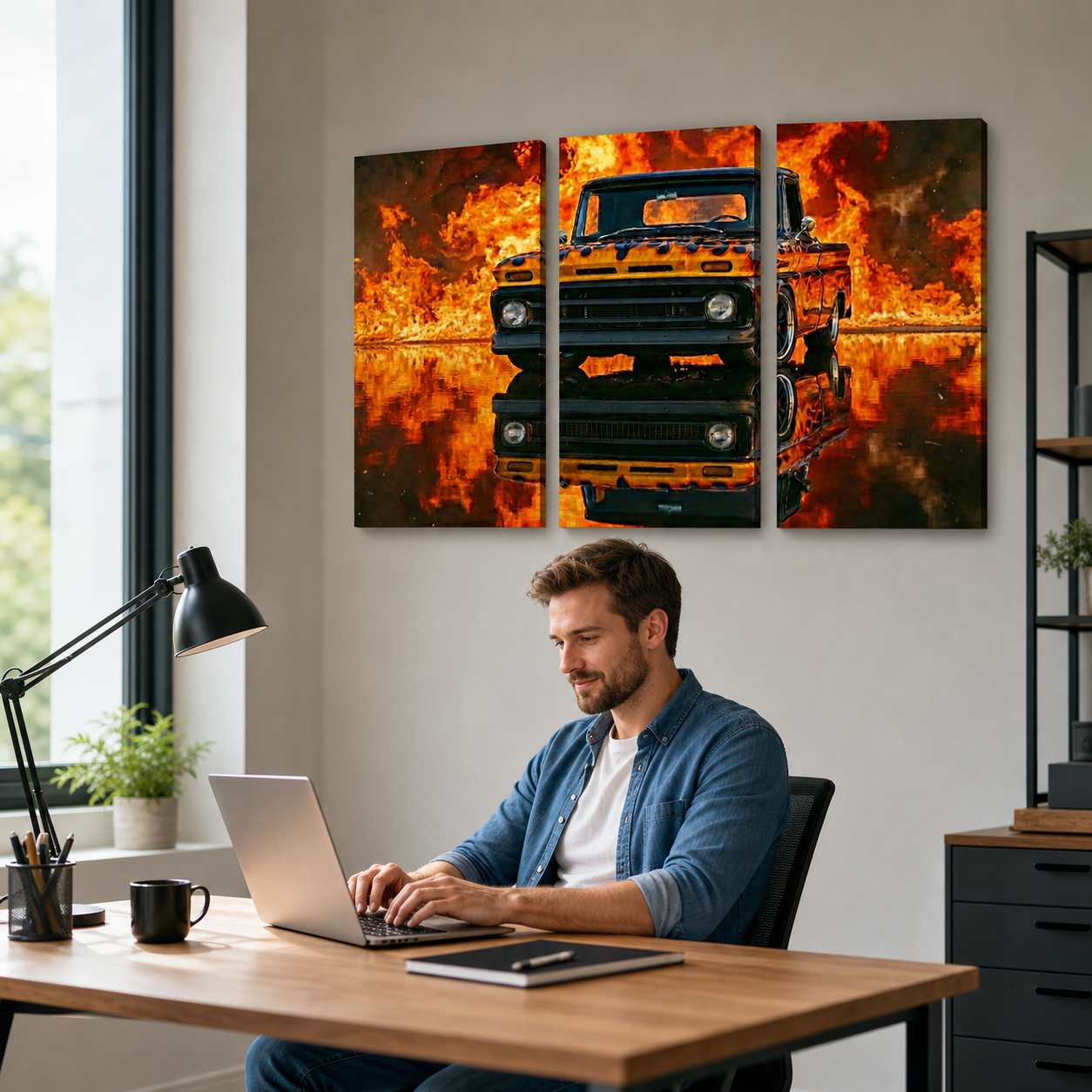 Flaming 1966 Chevy C10 Canvas Wall Art – Fire & Flames Classic Truck | 5-Panel Level Garage Décor Print