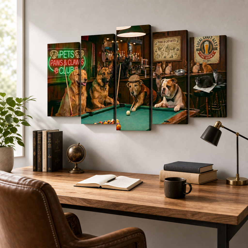 A five-panel canvas wall art set depicting dogs in a bar and poolroom scene, displayed on a light gray wall above a wooden desk with books, a lamp, and a mug.