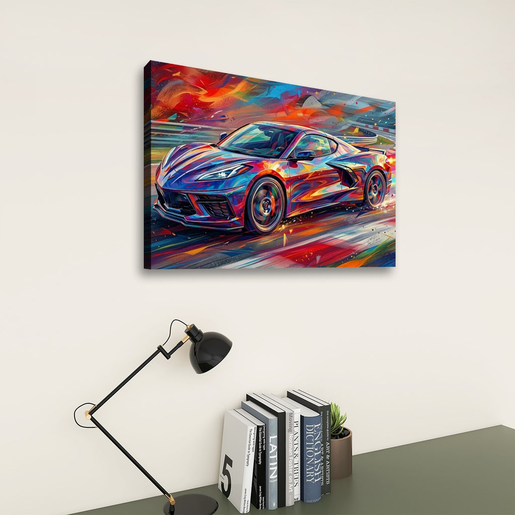 A colorful canvas wall art print depicting a sports car in an abstract, painterly style, displayed on a light beige wall above a desk with a black lamp and books.