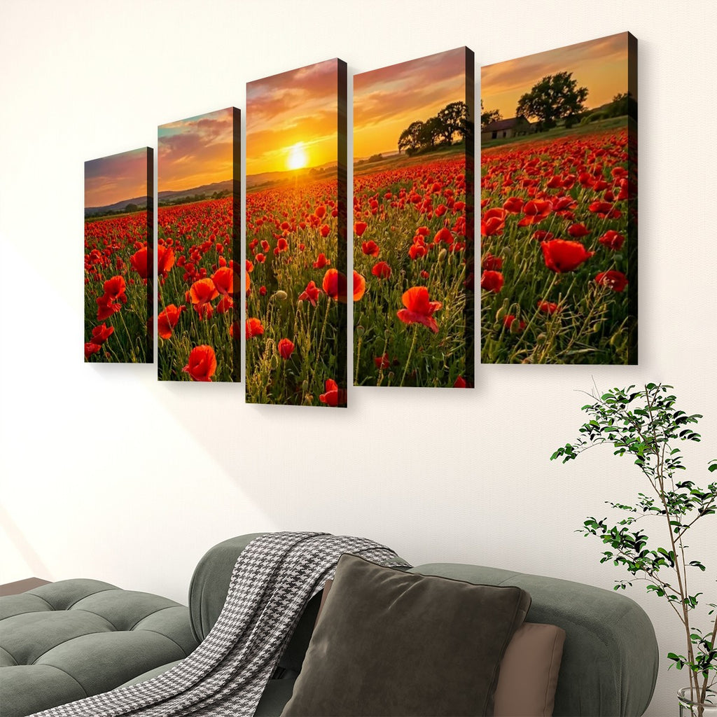 Golden Hour Poppy Field Canvas Wall Art – Fields of Fire | 5-Panel Level Nature Landscape Print