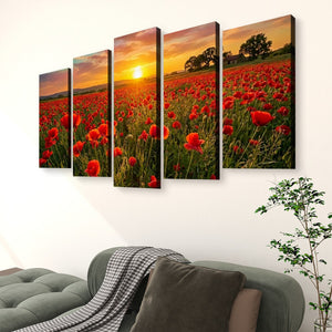 Fields of Fire – Golden Hour Poppy Field 5-Panel Canvas Wall Art