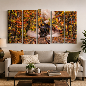 A five-panel canvas wall art set depicting a steam train traveling through an autumn forest, displayed on a light gray wall above a modern gray sofa with decorative pillows and a coffee table in a living room setting.