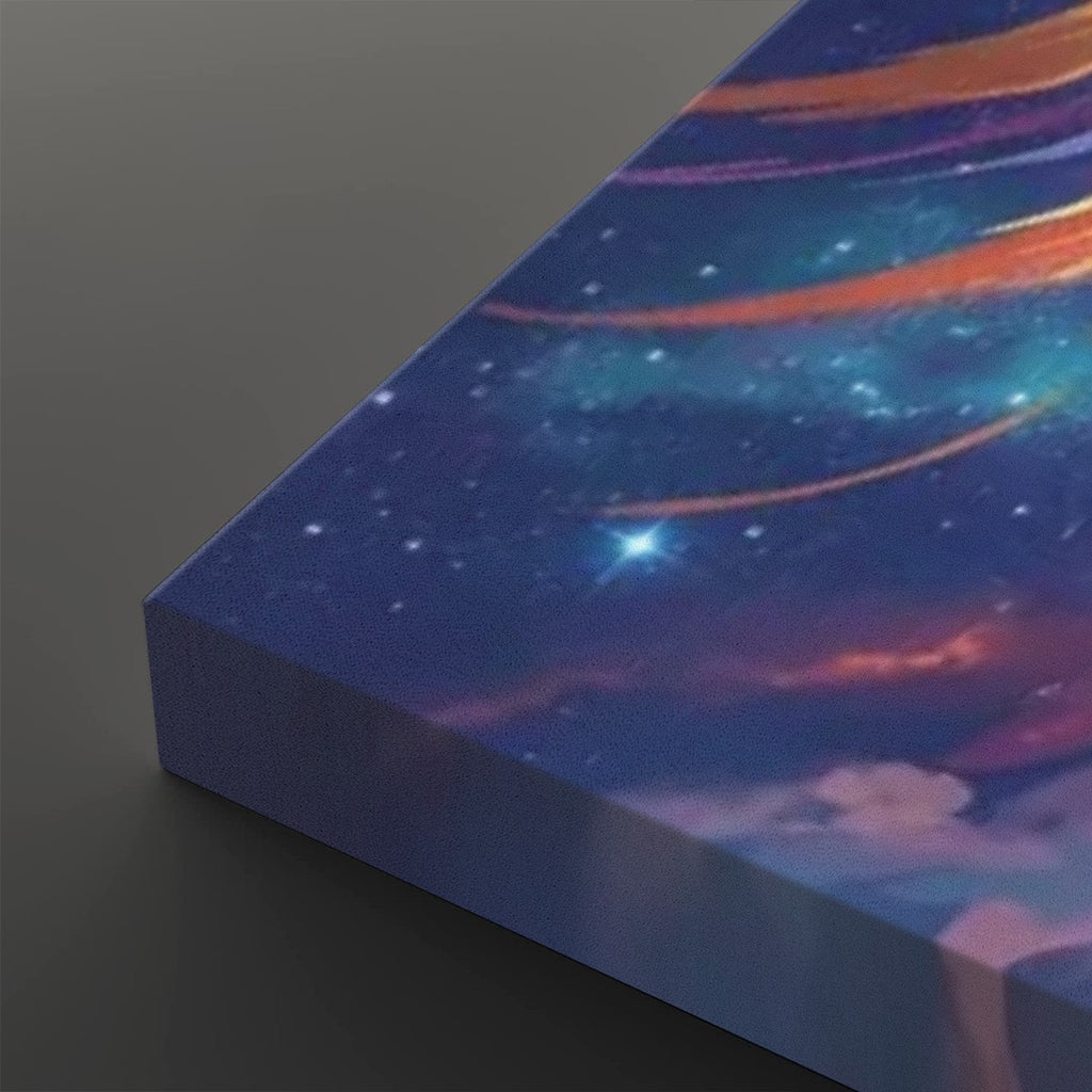 A close-up of a rectangular canvas or print showing a colorful galaxy sky with stars, nebulae, and shooting stars. The product is photographed at an angle on a dark gray background.