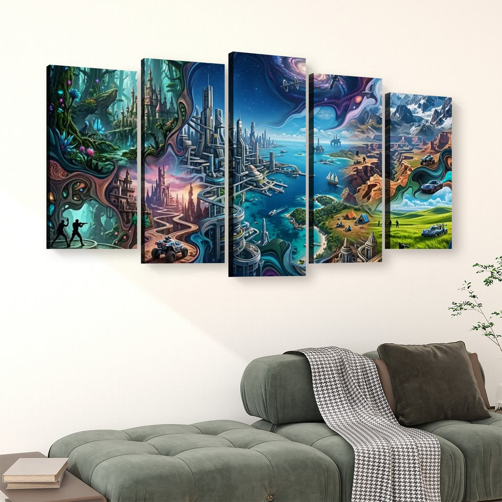 A 5-panel canvas wall art set depicting a colorful fantasy landscape with futuristic cities, waterways, forests, and dramatic skies, displayed above a green sofa in a living room setting.